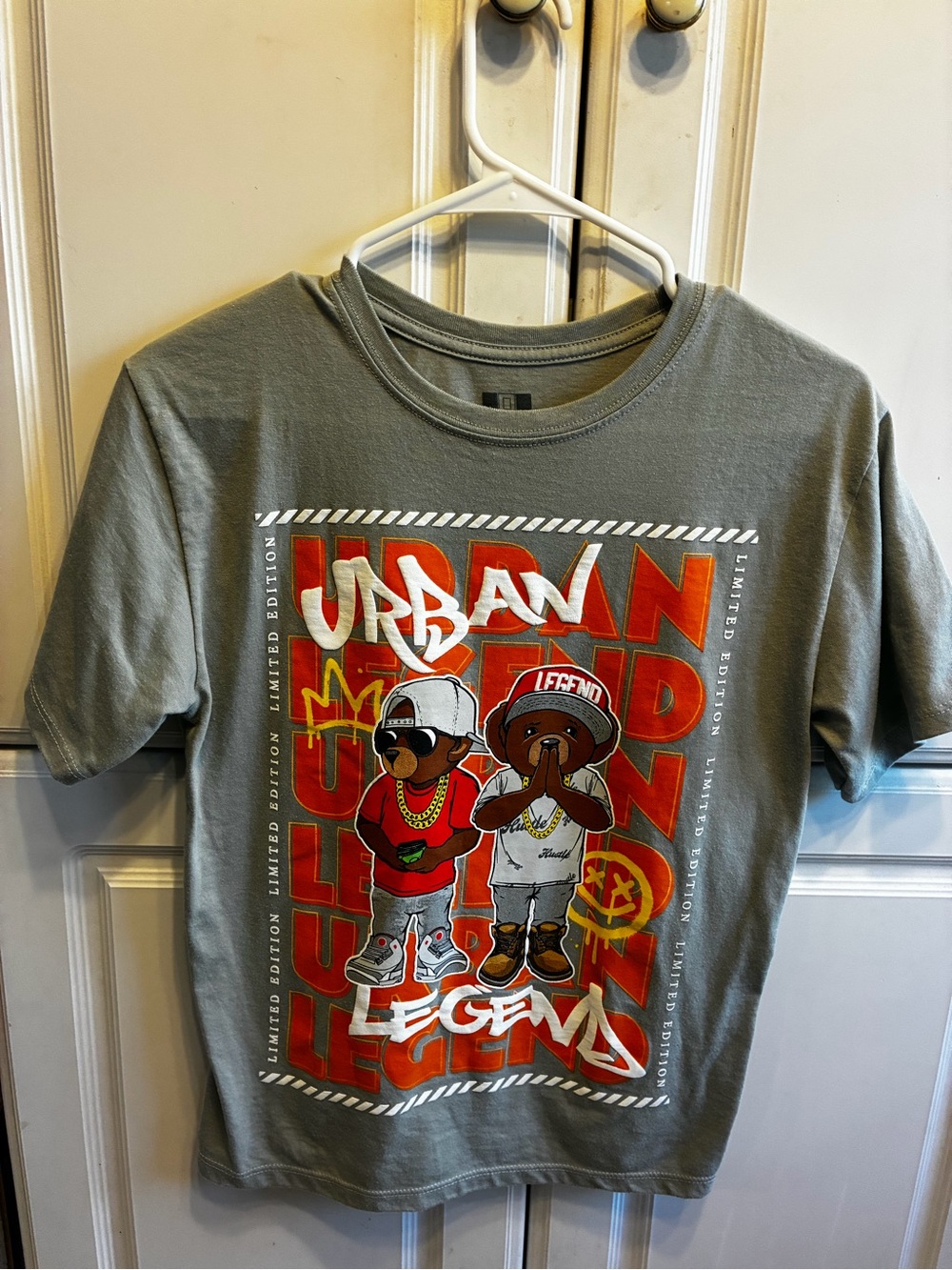 Legend Graphic Sage Green Urban Bear Print T-shirt, Size: L (14/16)